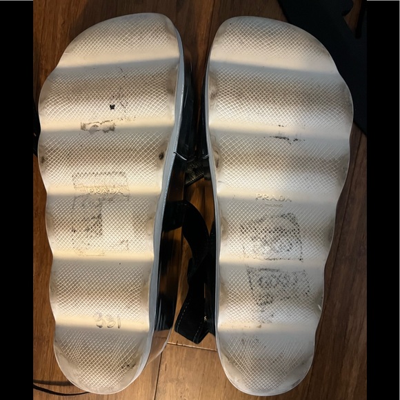 PRADA black suede 38.5 8.5 logo round buckle open-toe silver wedge sandals shoes - Picture 7 of 7